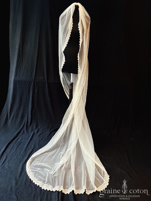 Lorafolk - Voile long de 250 cm en tulle ivoire bordé de guipure dentelle - robe de mariée