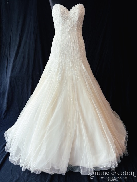 Réf. 6807 - Nicole Milano - Robe princesse bustier perl&eacute;e en tulle nude et ivoire - Robes de mari&eacute;e - Graine de coton - Dépôt-vente et location de robes de mariée à Paris
