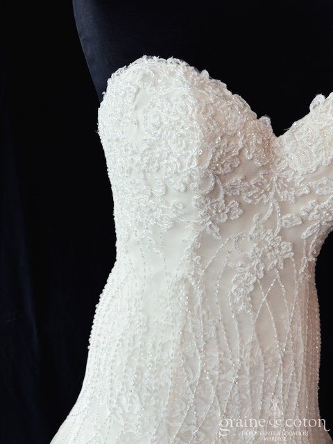 Réf. 6807 - Nicole Milano - Robe princesse bustier perl&eacute;e en tulle nude et ivoire - Robes de mari&eacute;e - Graine de coton - Dépôt-vente et location de robes de mariée à Paris