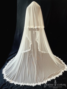 Rosa Clara - Voile Dublin long de 250 cm en tulle ivoire clair fluide bordé de guipure de coton