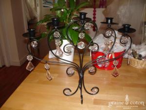 Chandelier noir à pampilles transparentes - 5 bougeoirs