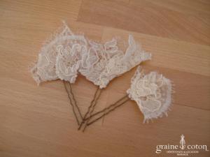 Elsa Gary - Lot de 3 pics à cheveux en guipure de dentelle cappucino
