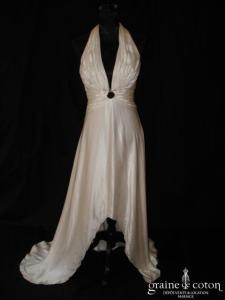 Azzaro - Robe fluide plus courte devant en soie ivoire avec tour de cou