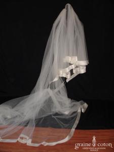 Pronovias - Voile long de 3,75 mètres en tulle ivoire avec large biais d'organza de soie