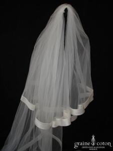 Pronovias - Voile long de 3,75 mètres en tulle ivoire avec large biais d'organza de soie