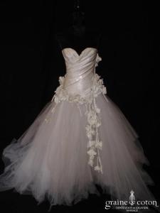 Frédéric Alzra - Bustier taille basse argenté drapé et jupe en mouchoirs de tulle blanc