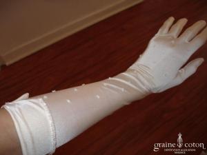 Pronovias - Gants mi longs avec revers en lycra satiné ivoire, légèrement perlés