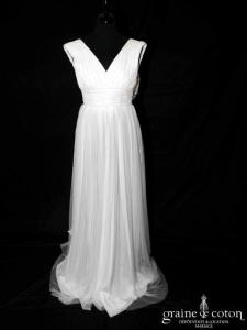 Création - Robe fluide empire en mousseline de soie et tulle de soie ivoire clair