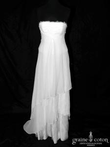 Pascal Novak - Robe empire en crêpe de soie fluide ivoire drapé et dentelle de Calais