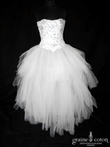 Max Chaoul - Bustier argenté et jupe en mouchoirs de tulle ivoire