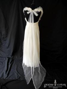 David Fielden - Robe empire en mousseline de soie fluide et tulle ivoire clair