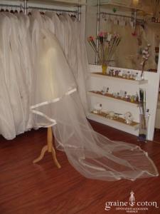 Pronovias - Voile de 3,50m bordé d'un large biais d'organza de soie ivoire