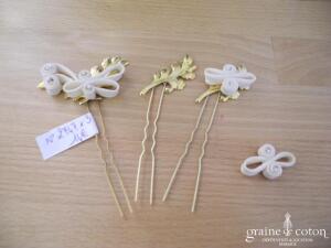 Lot de 3 pics à chignon dorés motif feuilles, perles et ruban de satin