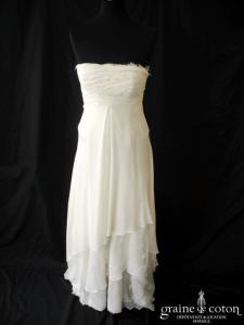 Pascal Novak - Robe empire en crêpe de soie fluide ivoire drapé et dentelle de Calais