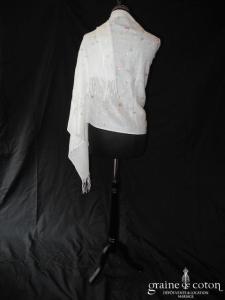 Pashmina en laine et cachemire ivoire brodé de fleurs de couleur