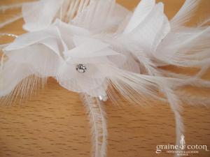 Peigne à cheveux avec pétales d'organza et plumes blanc.