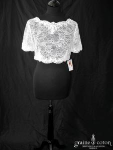 Bianco Evento - Boléro décolleté en V boutonné dans le dos à manches courtes en fine dentelle ivoire