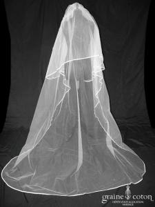 Crinoligne - Voile long de 3 mètres en tulle ivoire bordé d'un biais de satin