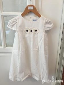 Hibiscus - Robe demoiselle d'honneur petite fille à manches ballon blanche et fleurs en coton boutons bleus marine