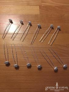 Création - Lot de 12 pics fleurs en perles et strass ivoire et argenté