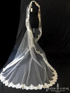 Galvan Sposa - Voile long de 3 mètres en tulle souple ivoire bordé de broderie perlée sans rabat avant