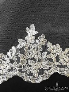 Galvan Sposa - Voile long de 3 mètres en tulle souple ivoire bordé de broderie perlée sans rabat avant
