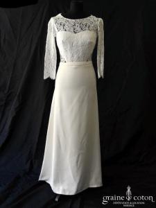 Laure B Gady - Robe en crêpe de soie et dentelle de Calais ivoire clair