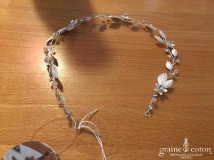 Bianco Evento - Headband bandeau feuilles argentées et fleurs cristaux Swarovski