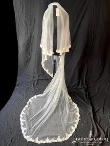 Bajabella - Voile long de 2,50 mètres en tulle ivoire bordé de guipure perlée