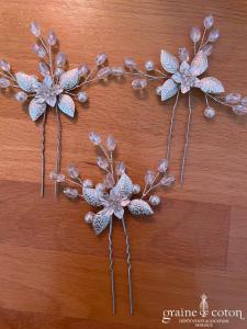 Création - Lot de 3 pics à cheveux motifs floraux argentés