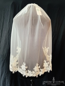 Bianco Evento - Voile simple court en soft tulle ivoire bordé de guipure