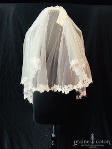 Bianco Evento - Voile double court en soft tulle ivoire bordé de guipure