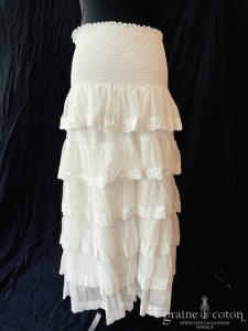 Delphine Manivet - Jupe mi-longue en coton blanc à volants de dentelle