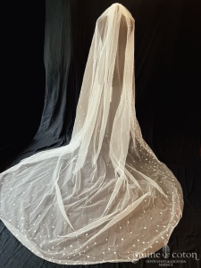 Poirier - Voile long de 3 mètres en tulle avec pois brodés ivoire clair