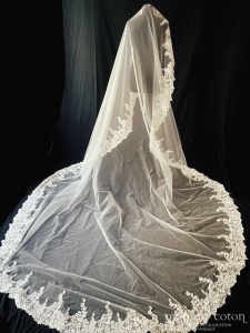 Pronovias - Voile Lucrezia long de 350 cm en tulle fluide bordé de dentelle argentée