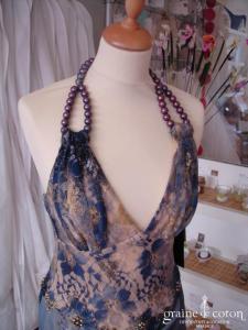 Invito Haute Couture - Robe de soirée longue en soie bleue et dorée