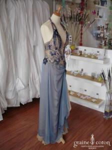 Invito Haute Couture - Robe de soirée longue en soie bleue et dorée